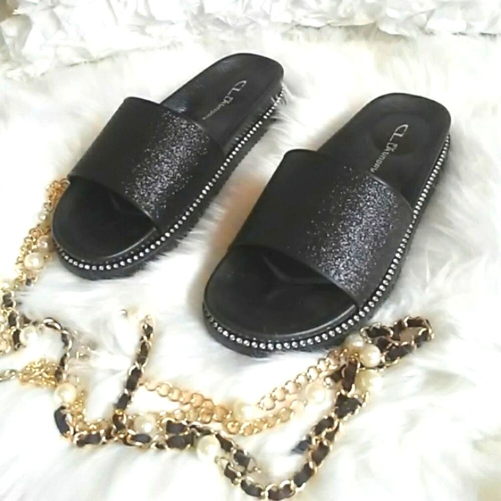 Chinese Laundry Crystal Edge Slides Sz 7‎ BLACK Flats Slip On Sandals GLAM New